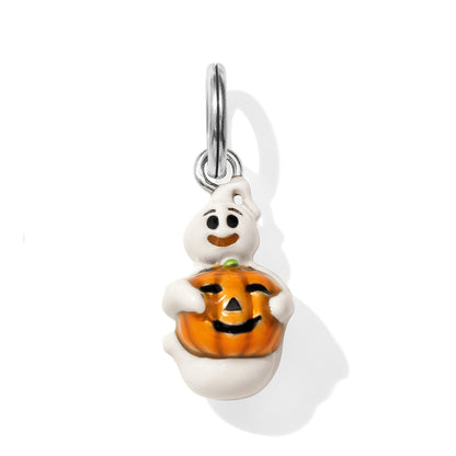 Brighton charm with white enamel ghost holding an orange jack-o-lantern and silver-plated bail on a white background