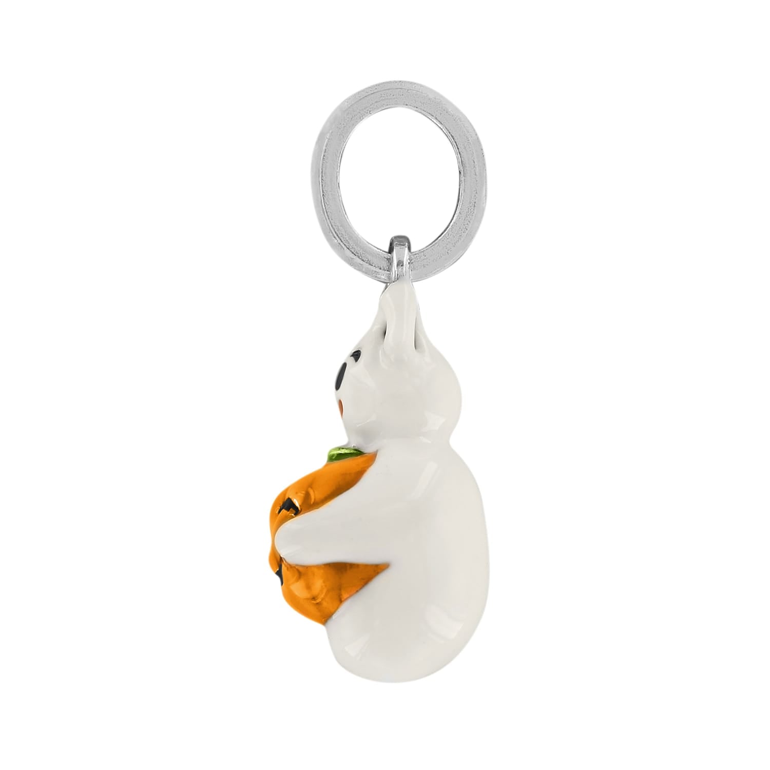 Brighton ghost charm with white enamel finish holding an orange pumpkin, with silver-plated ring on a white background