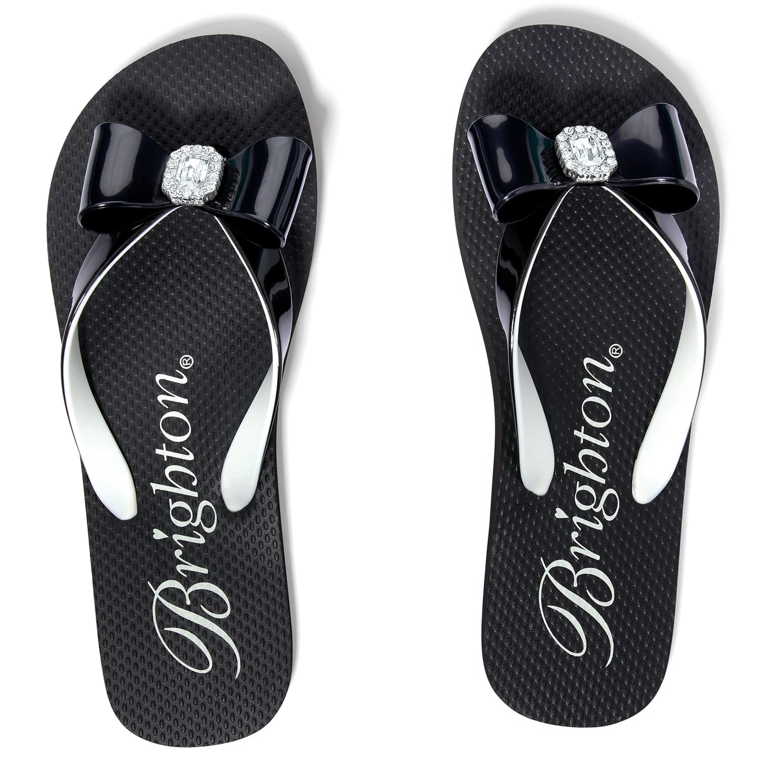 Brighton black rubber flip-flop sandals with navy bow and crystal embellishment on a white background