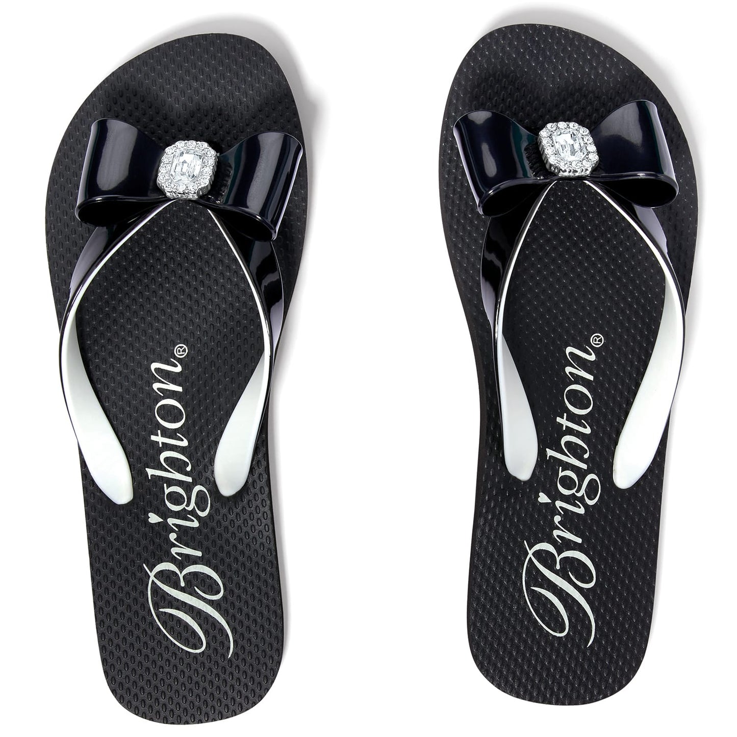 Brighton black rubber flip-flop sandals with navy bow and crystal embellishment on a white background