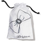 Brighton white drawstring pouch with illustrated bow and crystal buckle print and black cords on a white background