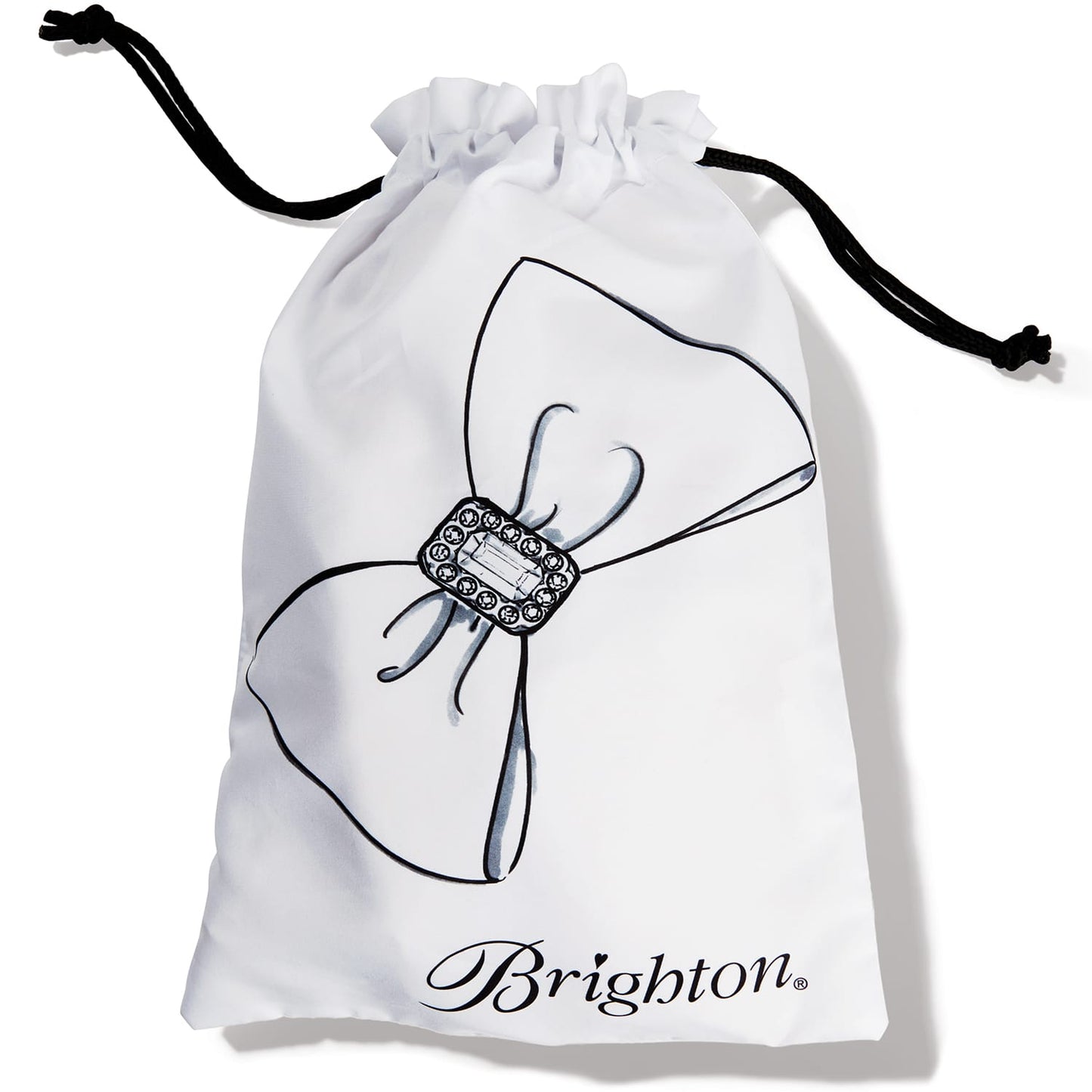 Brighton white drawstring pouch with illustrated bow and crystal buckle print and black cords on a white background