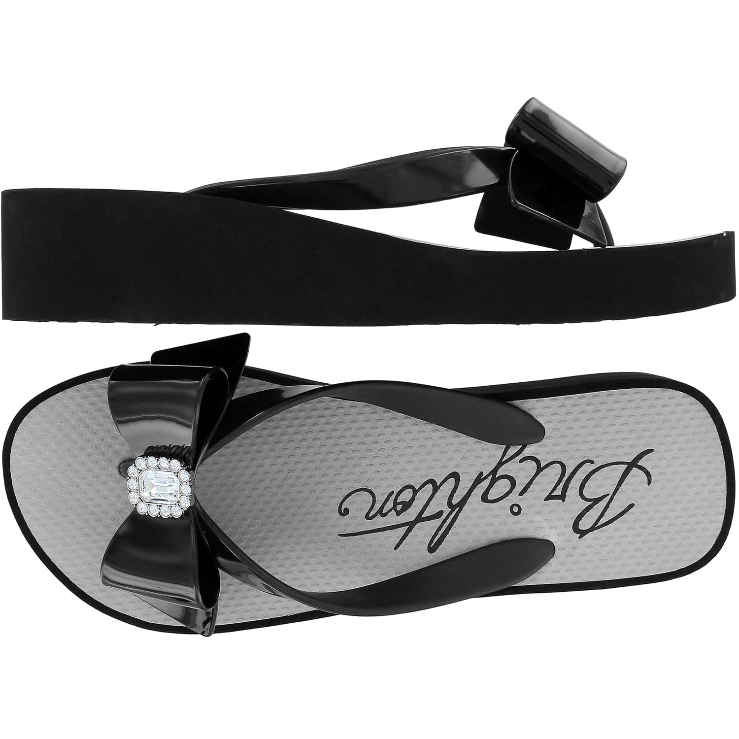 Brighton black rubber wedge flip-flop sandals with glossy bow and crystal ornament, top and side views on a white background