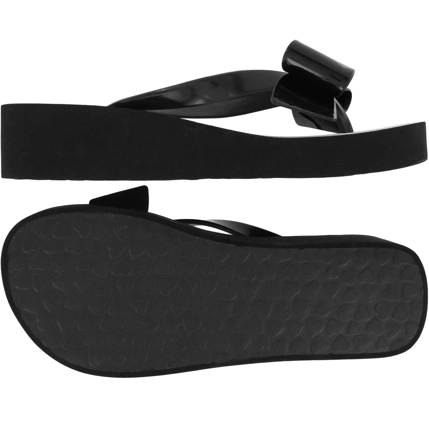 Brighton black rubber flip-flop sandals with bow accent and heart-textured sole, side and bottom views on a white background