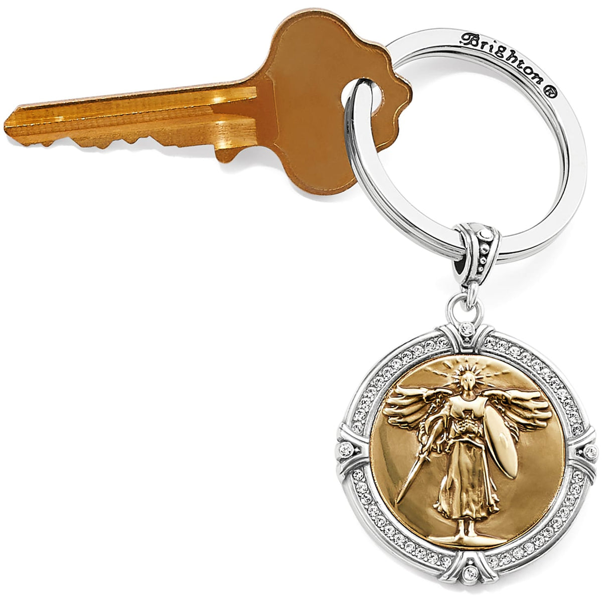 Brighton key fob with two-tone gold angel medallion and silver crystal-accented frame on a white background