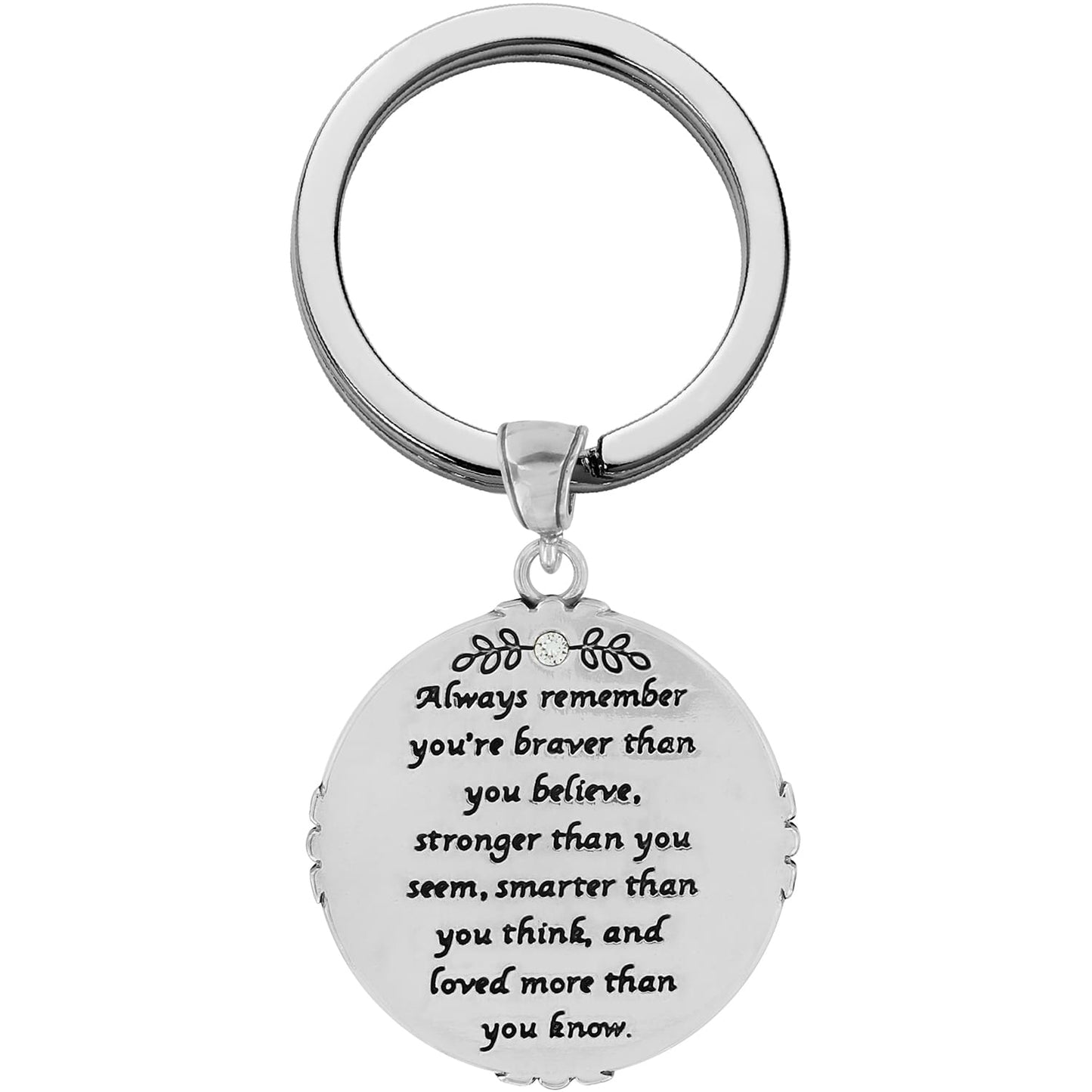 Brighton keychain with round silver-tone charm engraved with inspirational message and crystal accent on a white background