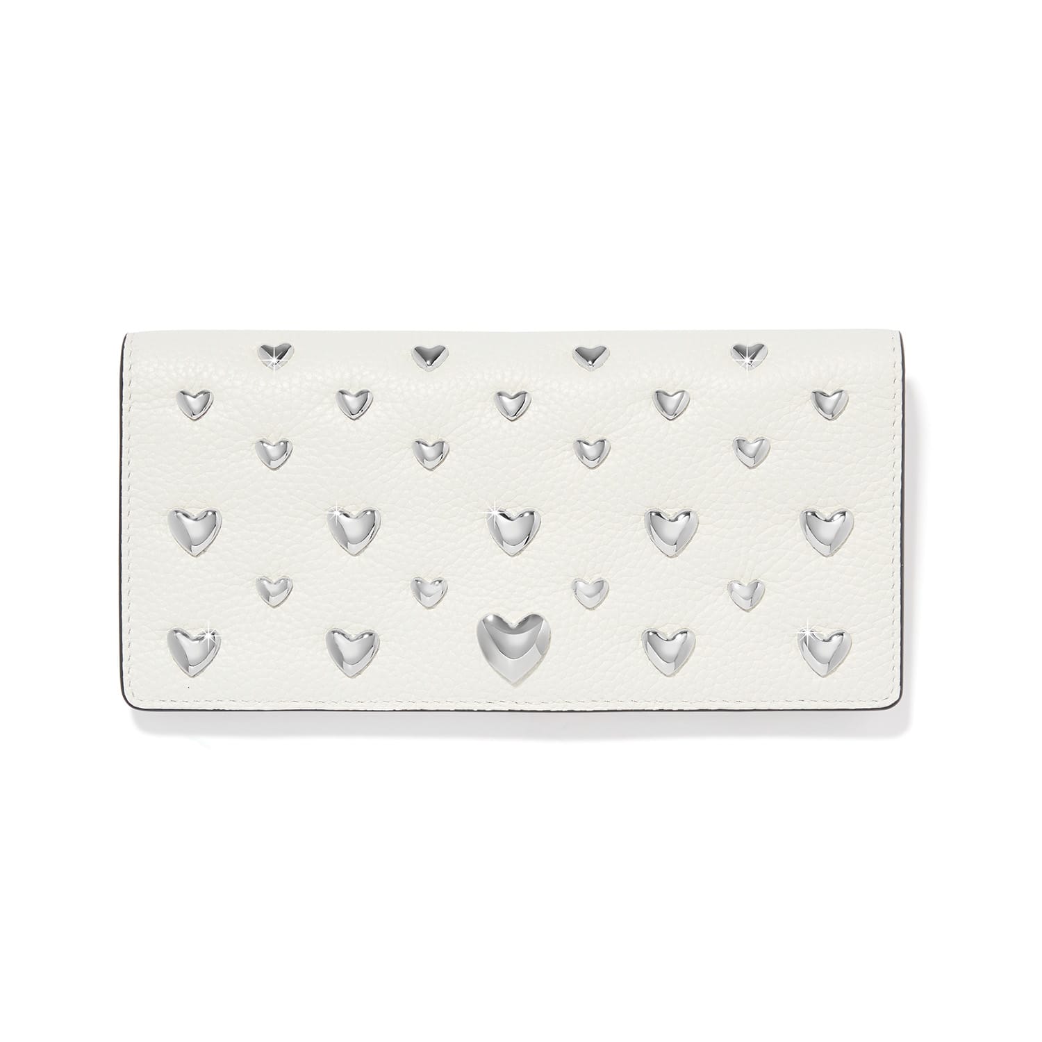 Brighton white leather wallet embellished with polished silver-tone heart studs in varying sizes on a white background