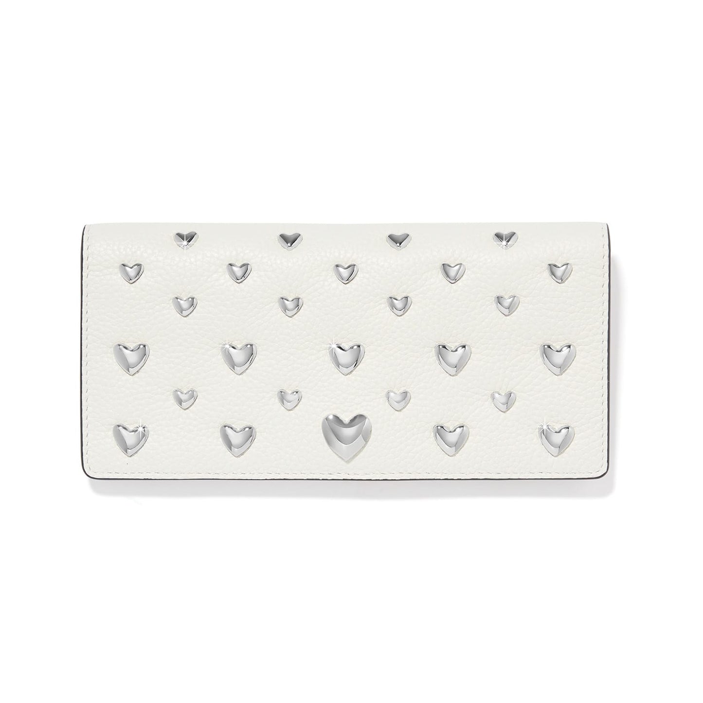 Brighton white leather wallet embellished with polished silver-tone heart studs in varying sizes on a white background