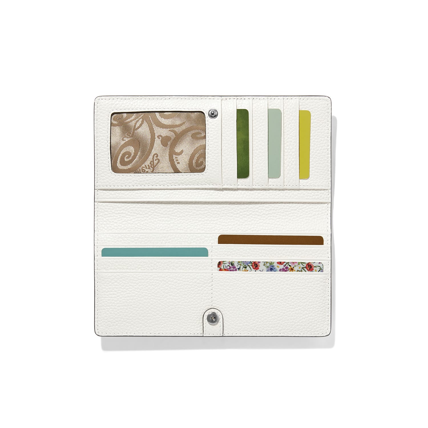 Brighton white leather wallet shown open with card slots, ID window, and patterned interior lining on a white background