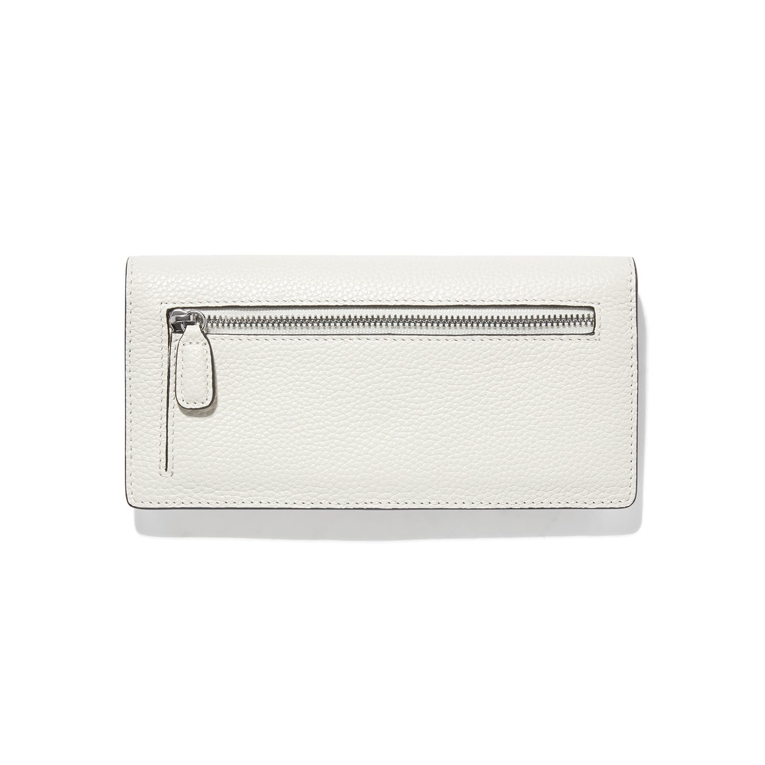 Brighton wallet shown from the back with white pebbled leather and silver-tone zippered pocket on a white background
