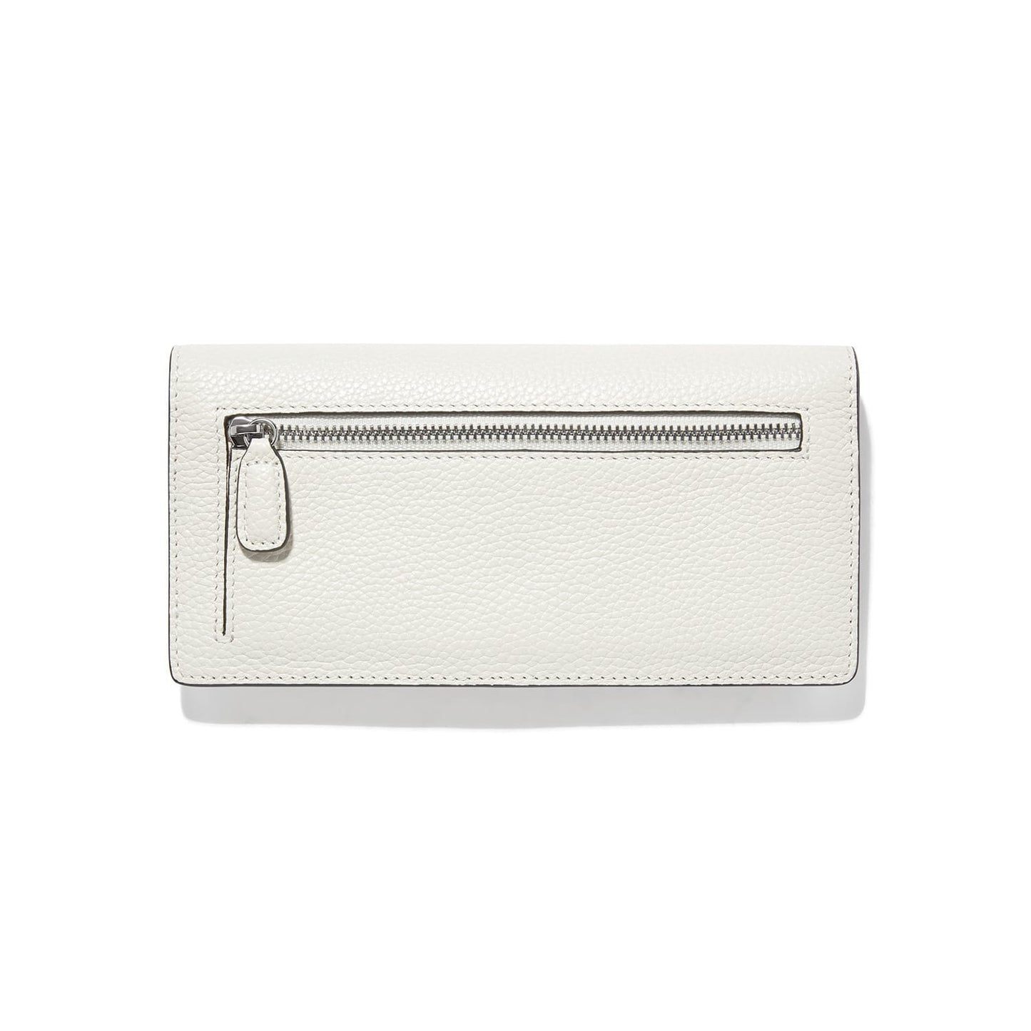 Brighton wallet shown from the back with white pebbled leather and silver-tone zippered pocket on a white background