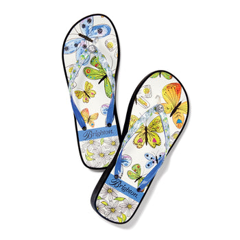 Brighton rubber flip-flop sandals with butterfly and daisy print, blue straps, and crystal accents on a white background
