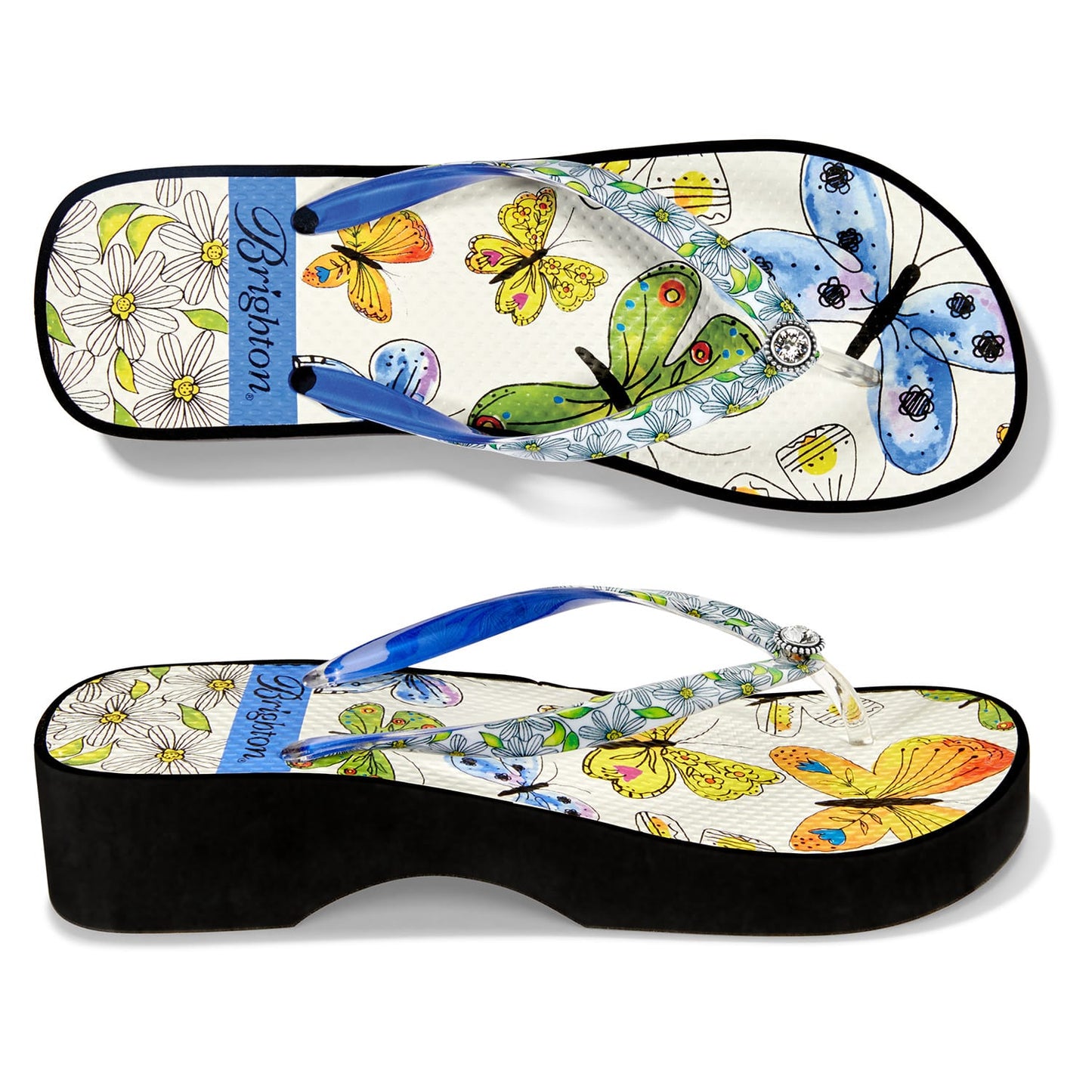 Brighton rubber platform flip-flop sandals with butterfly and daisy print and crystal accent on a white background