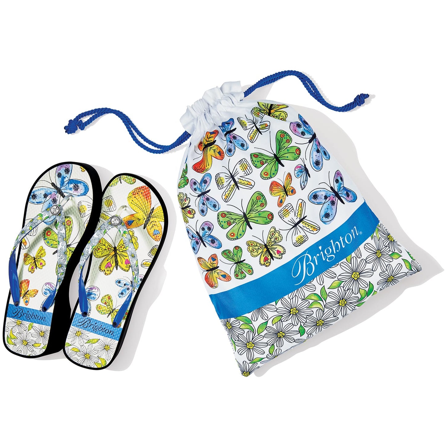 Brighton rubber flip flops with butterfly print and matching drawstring pouch featuring butterflies and daisies on a white background