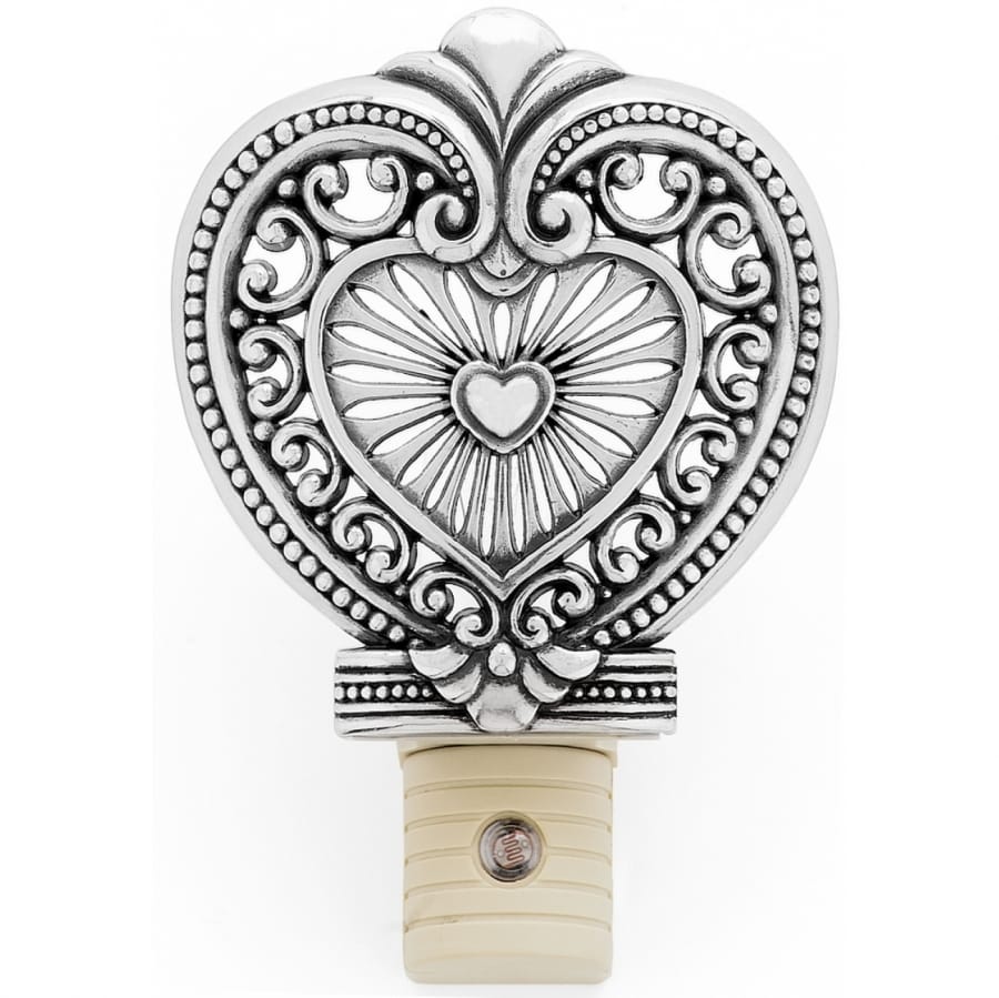 Brighton heart-shaped night light with silver-plated ornate scrollwork and beaded filigree frame on a white background