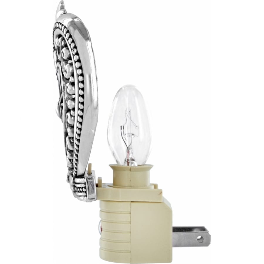 Brighton night light with silver-plated ornate beaded decorative shade, clear bulb, and ivory plug base on a white background