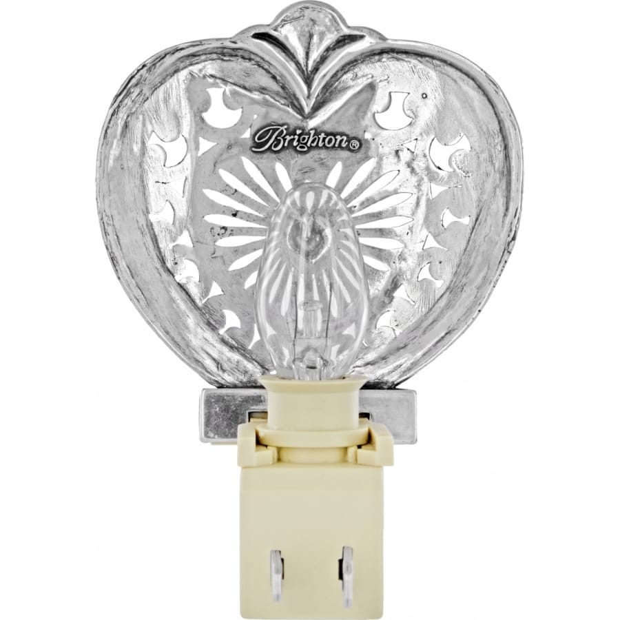 Brighton heart-shaped night light with silver-plated ornate cutout design and clear bulb on a white background