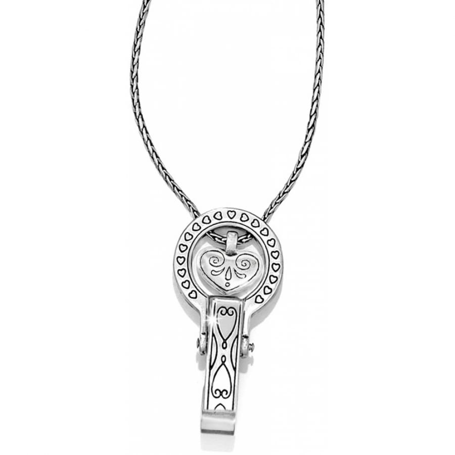 Brighton pendant necklace with silver-plated heart medallion and scrolled engraved base on a white background