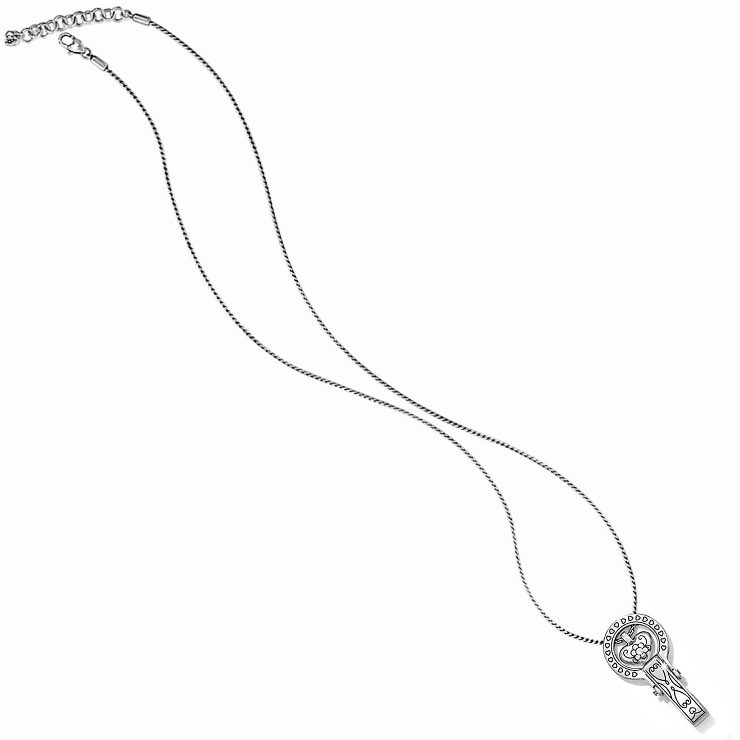 Brighton pendant necklace with silver-plated twisted chain and ornate round key-shaped pendant on a white background