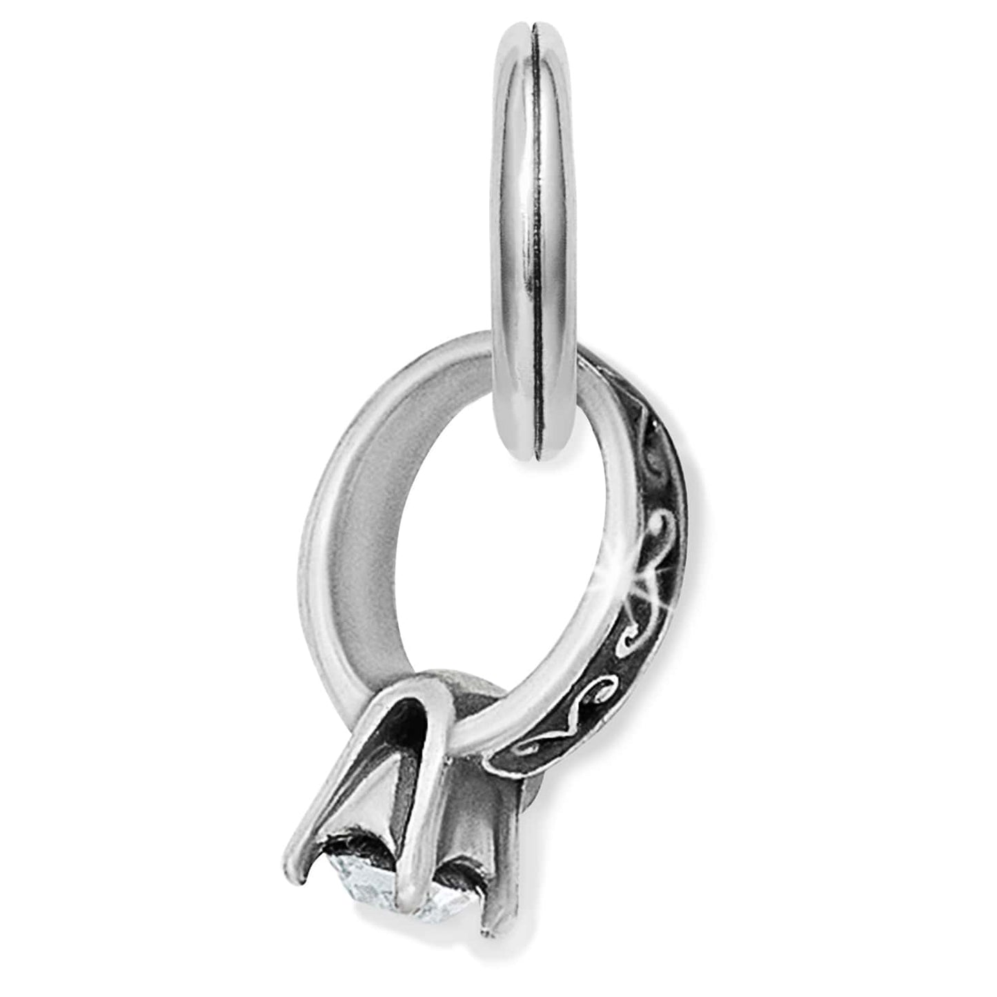 Brighton ring charm with crystal solitaire, engraved scroll band, and silver-plated split ring on a white background