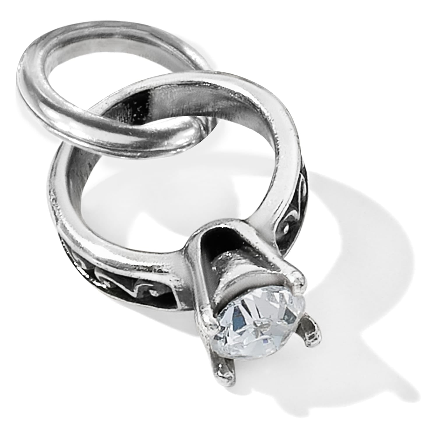 Brighton ring charm with silver-plated engagement and wedding band design featuring crystal solitaire on a white background
