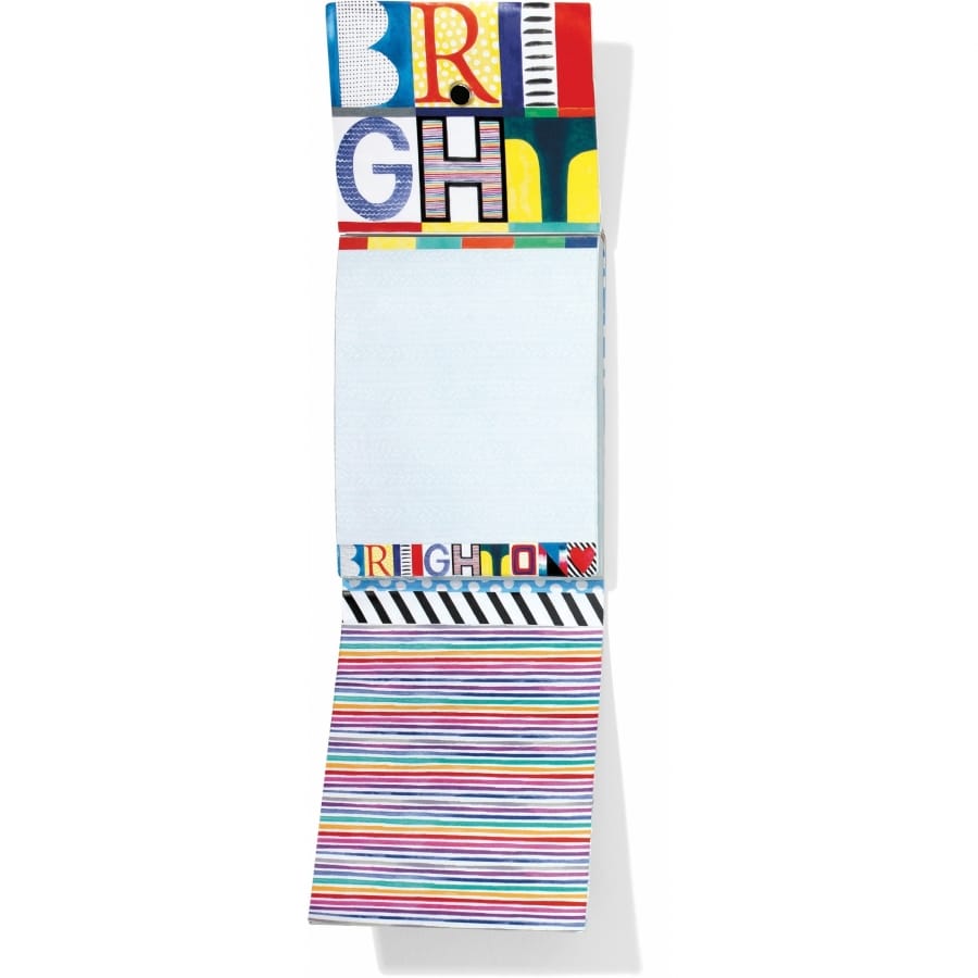 Brighton notepad with colorful BRIGHT lettering on cover and rainbow striped pages on a white background