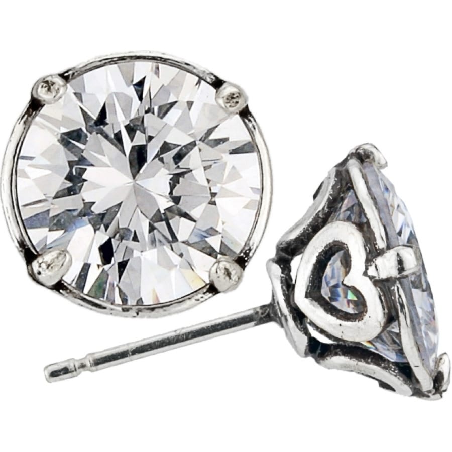 Brighton stud earrings with round faceted crystals and silver-plated scrollwork prong settings on a white background