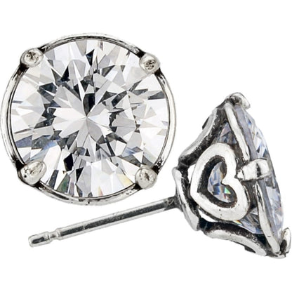 Brighton stud earrings with round faceted crystals and silver-plated scrollwork prong settings on a white background