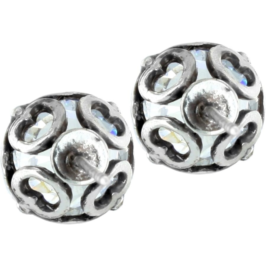 Brighton stud earrings with silver-plated openwork spheres and crystal accents on a white background