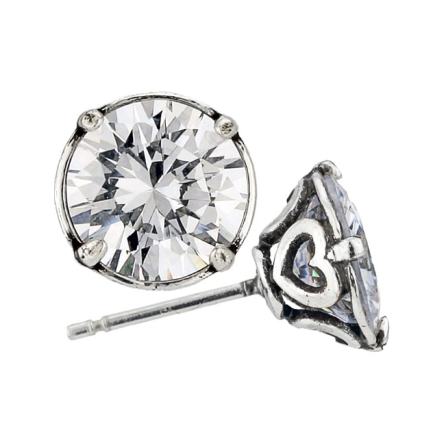 Brighton stud earrings with round faceted crystals and silver-plated scrollwork prong settings on a white background