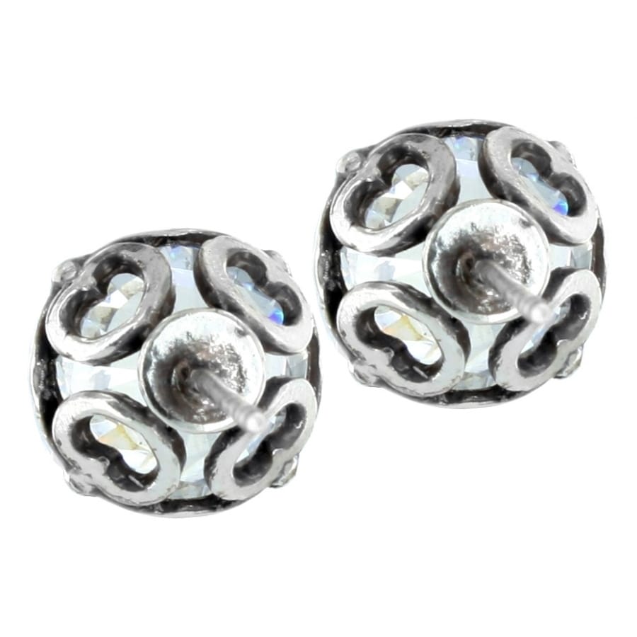 Brighton stud earrings with silver-plated openwork spheres and crystal accents on a white background