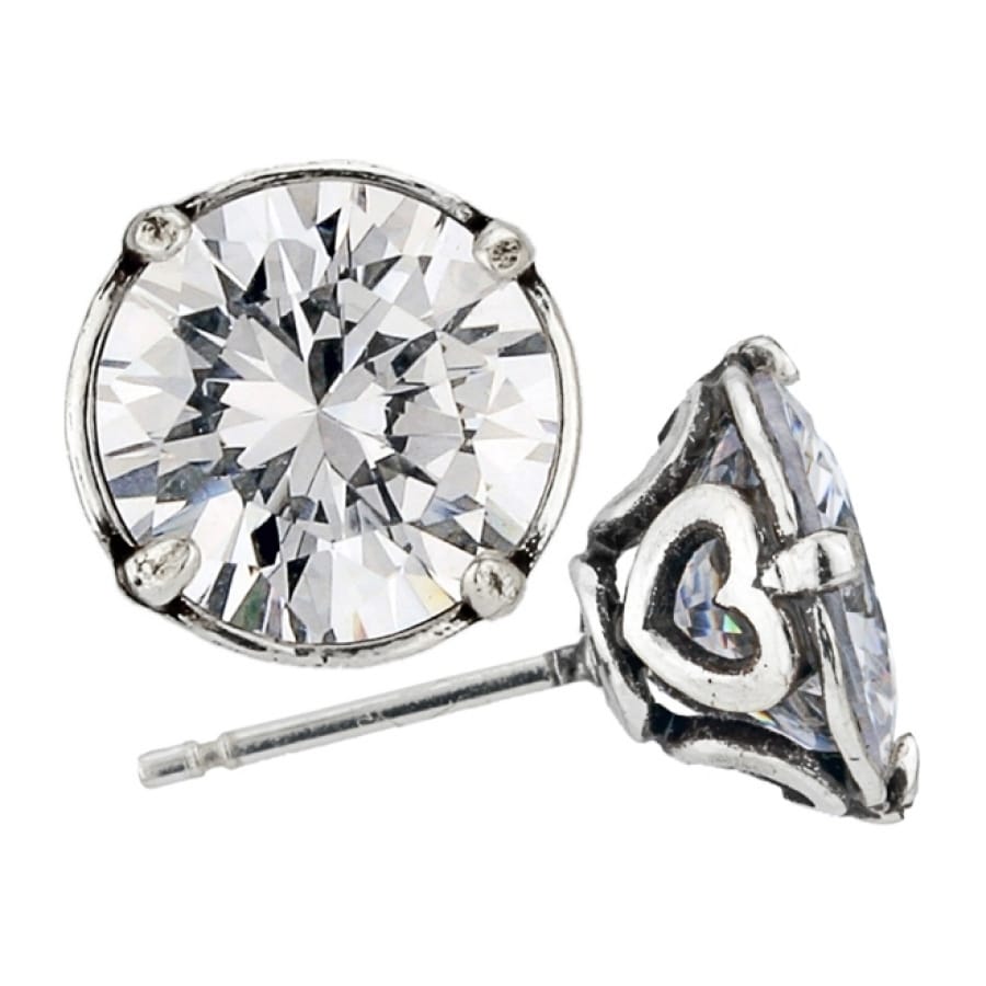 Brighton stud earrings with round faceted crystals and silver-plated scroll heart prong settings on a white background