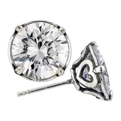 Brighton stud earrings with round faceted crystals and silver-plated scroll heart prong settings on a white background