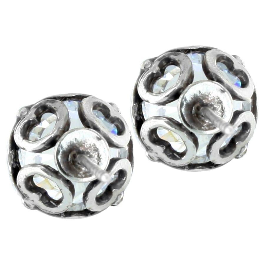 Brighton stud earrings with silver-plated openwork spheres and crystal accents on a white background