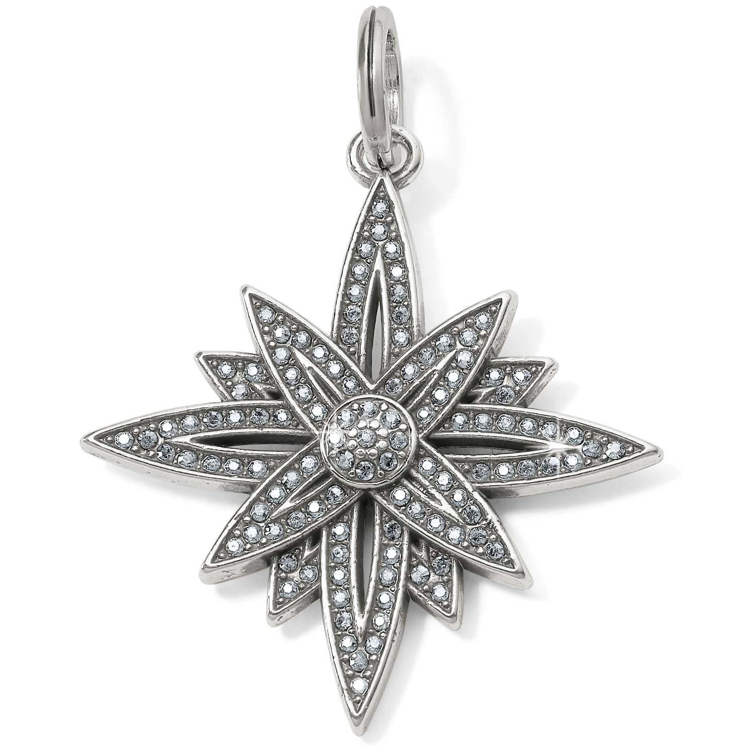 Brighton star charm pendant with silver-plated finish and pavé crystal accents radiating from center on a white background