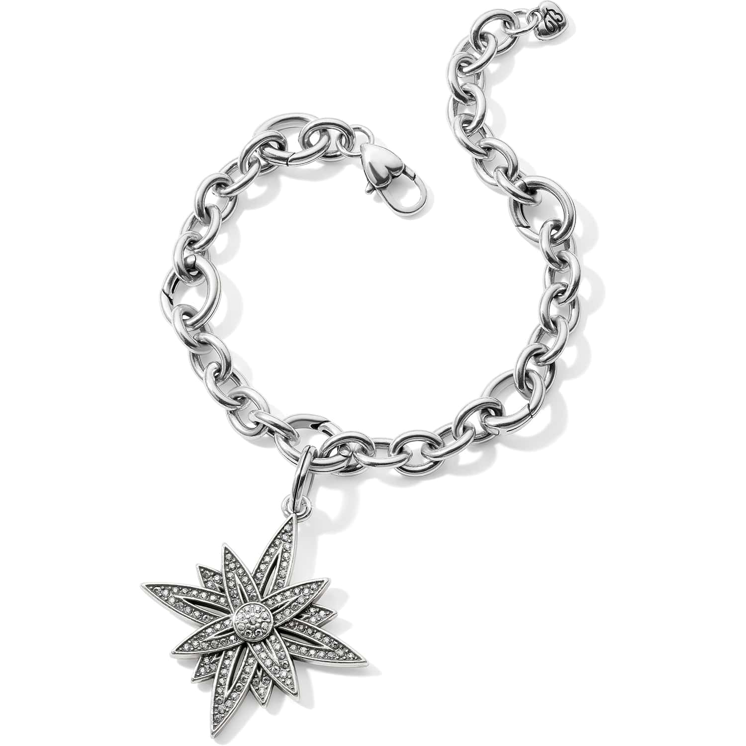Brighton charm bracelet with silver-tone chain links and crystal-accented starburst pendant on a white background