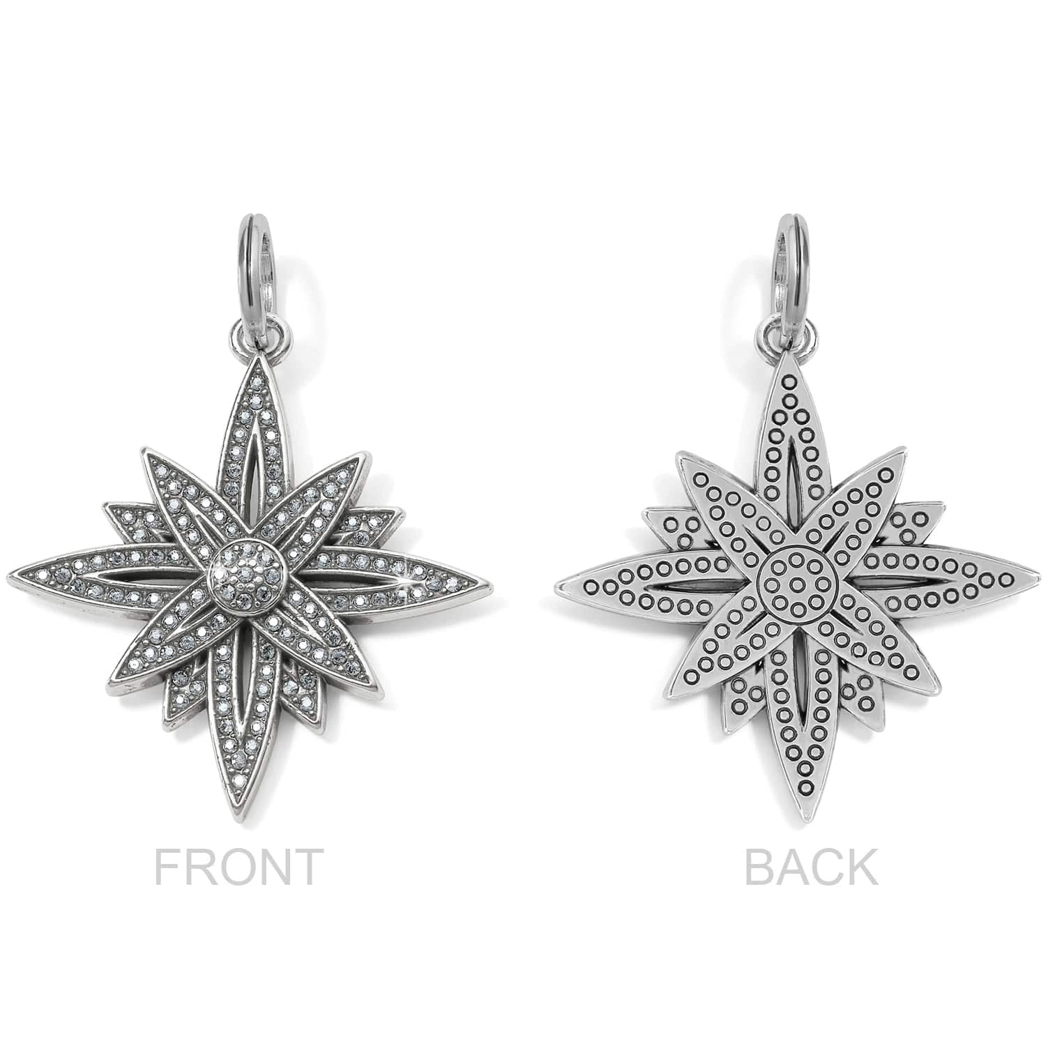 Brighton star charm shown front and back with crystal pave front and dotted silver-tone back on a white background