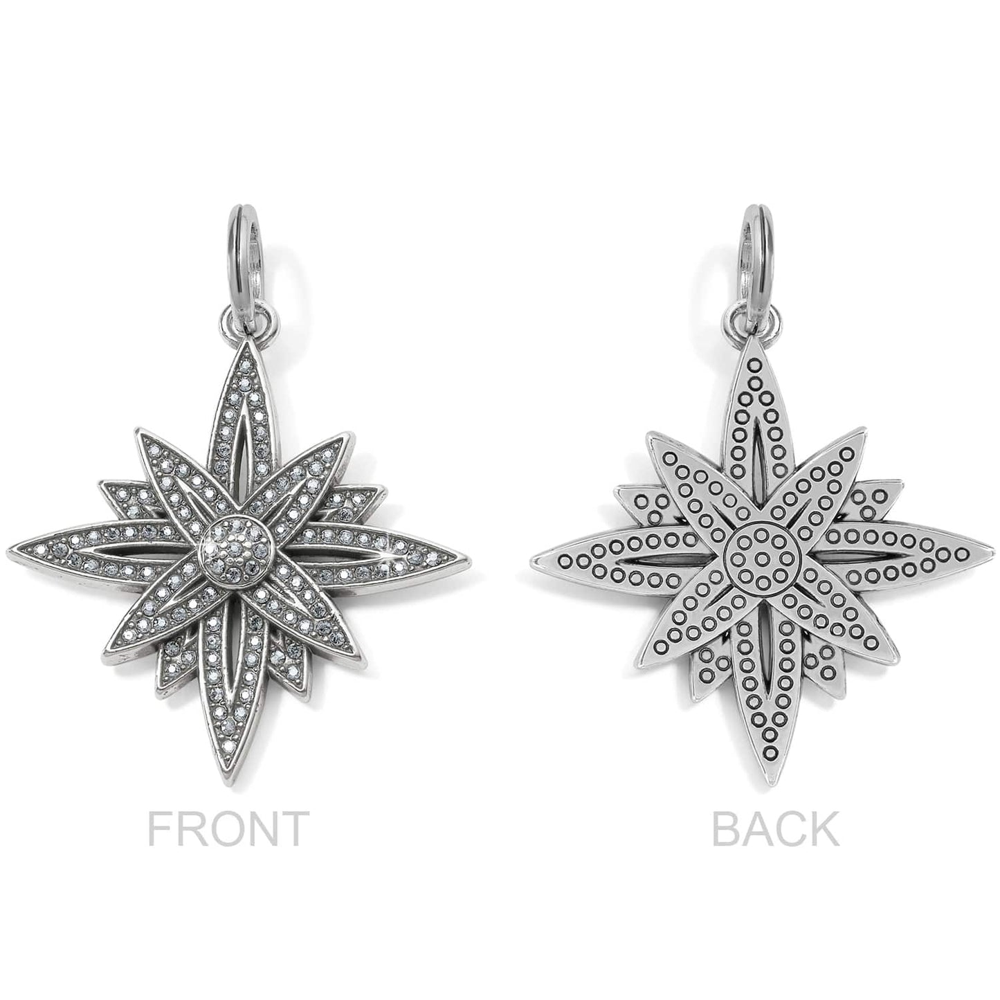 Brighton star charm shown front and back with crystal pave front and dotted silver-tone back on a white background