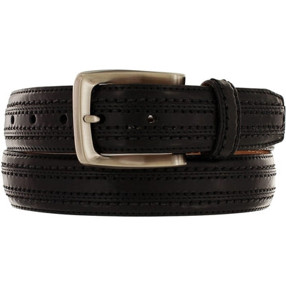Brighton black leather belt with stitched stripe detailing and silver-tone rectangular buckle on a white background
