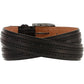 Brighton black leather belt with stitched edge detail and dark-tone buckle shown coiled on a white background