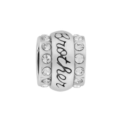 Brighton charm bead with brushed silver Brother script and crystal-lined edges on a white background