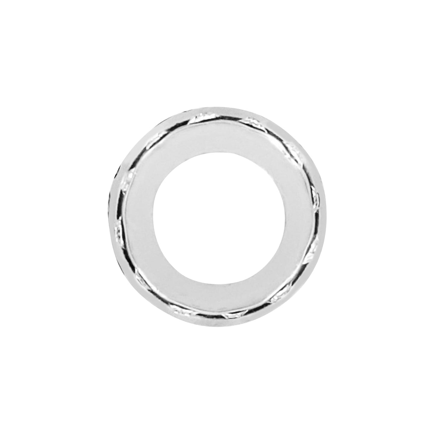 Brighton ring with brushed silver finish and faceted textured edge detail on a white background
