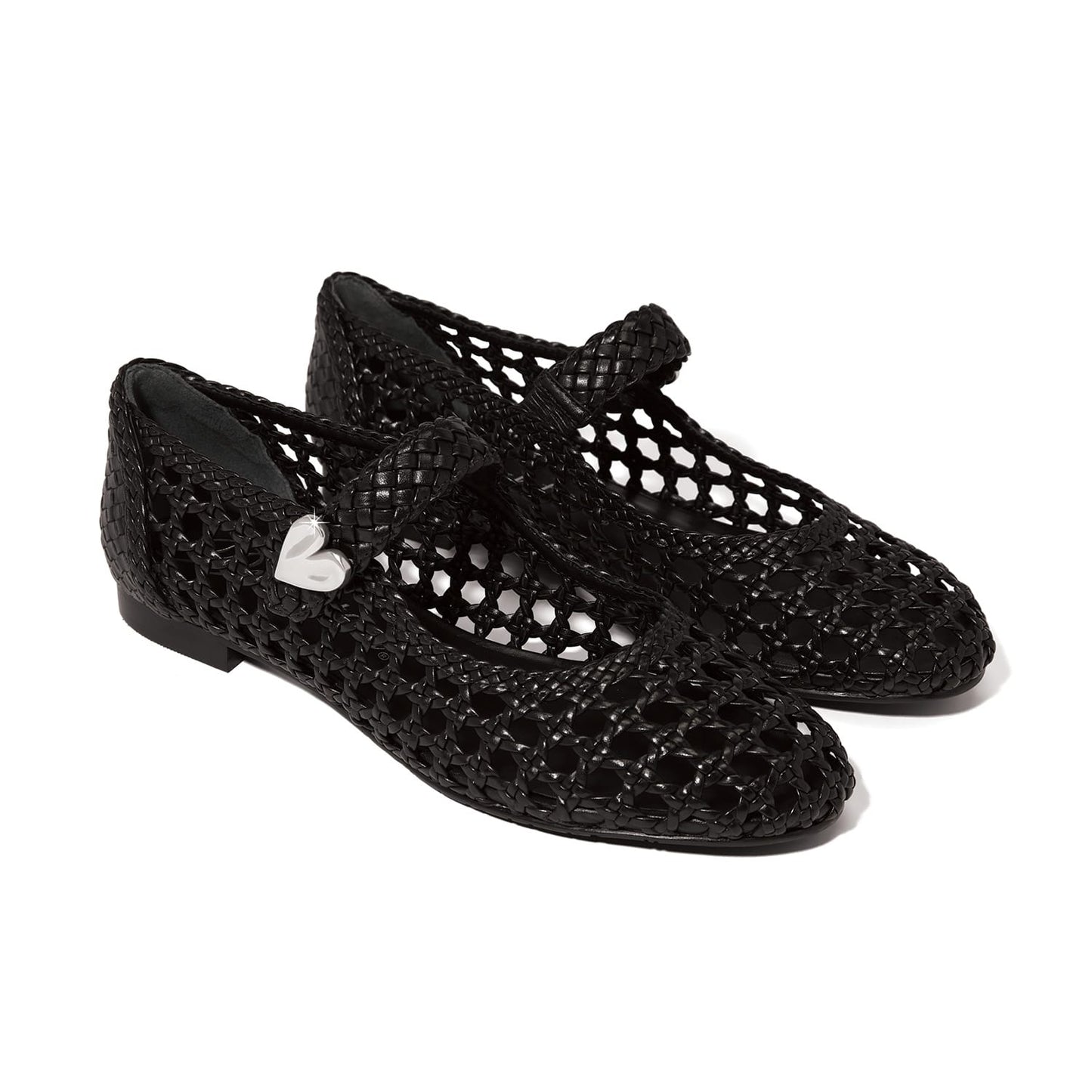 Brighton black woven leather Mary Jane flats with braided strap and silver-tone heart accent on a white background