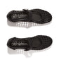 Brighton black woven leather Mary Jane flats with silver-tone heart button strap closure on a white background
