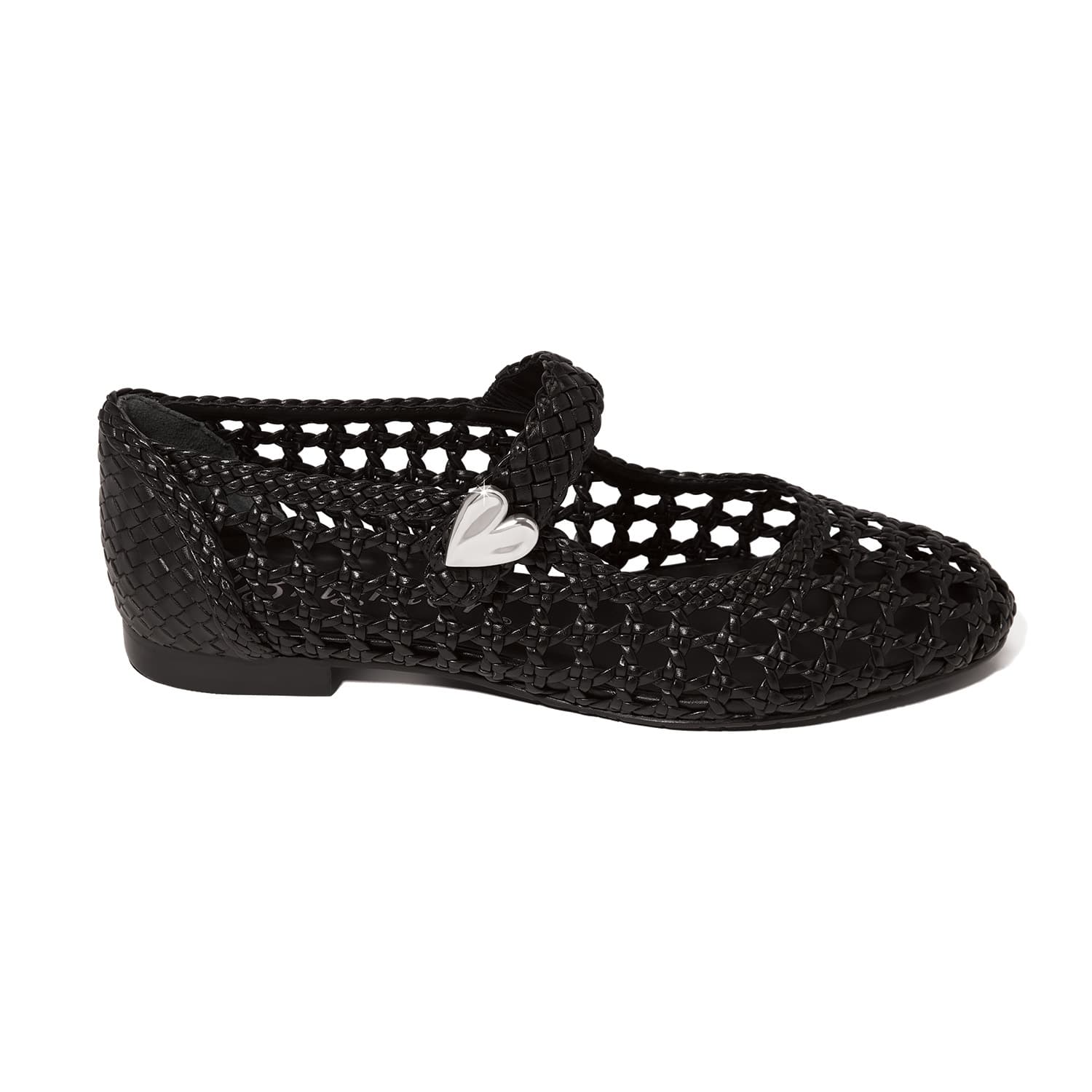 Brighton woven black leather Mary Jane flats with silver-tone heart accent on the strap on a white background
