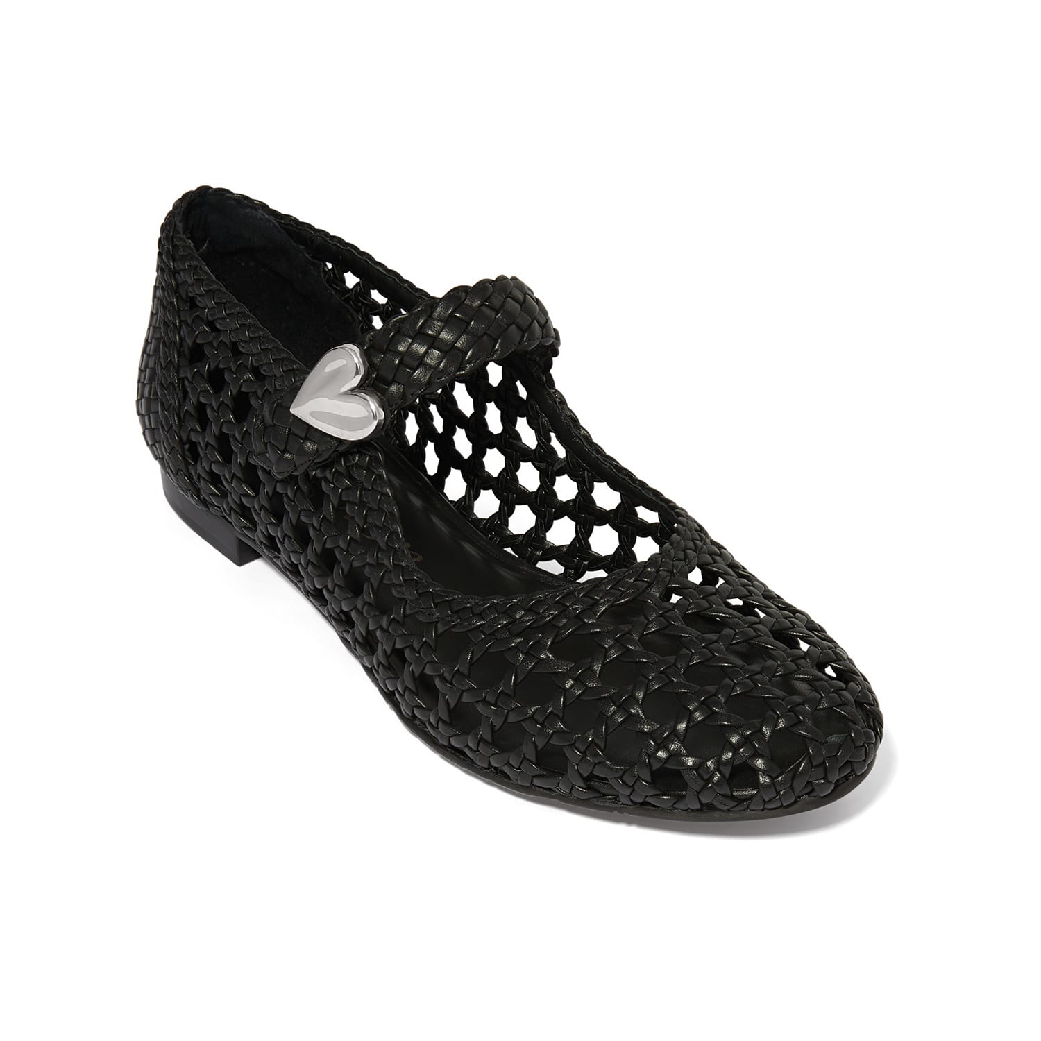 Brighton woven leather flats with open lattice design and silver-tone heart accent on a white background