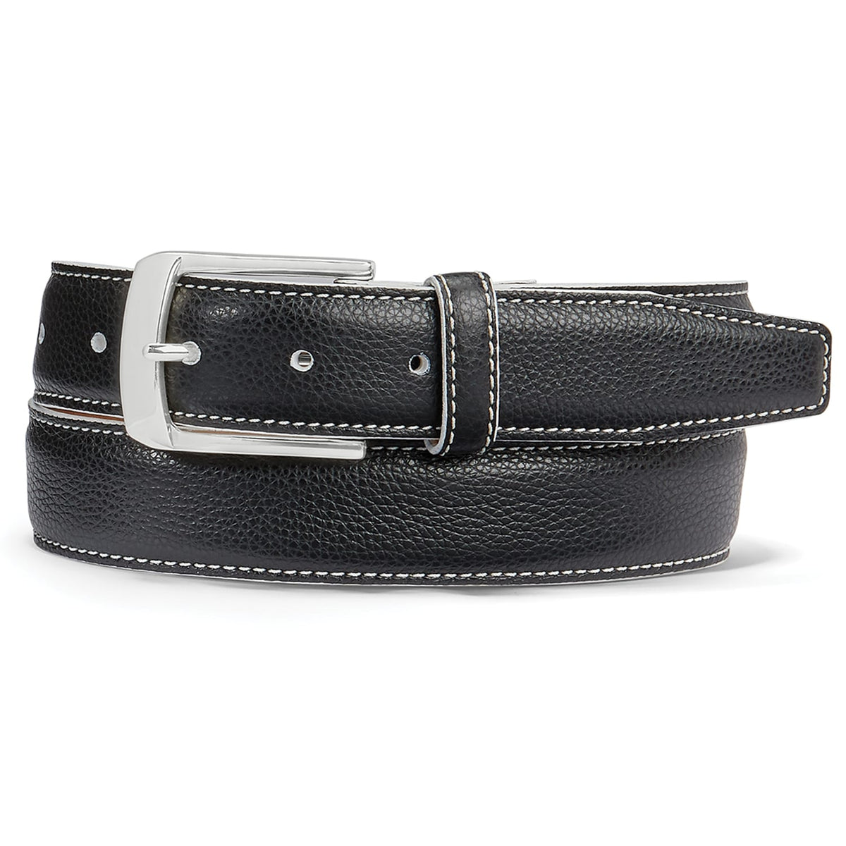 Brighton coiled black pebbled leather belt with silver-tone rectangular buckle and contrast white stitching on a white background