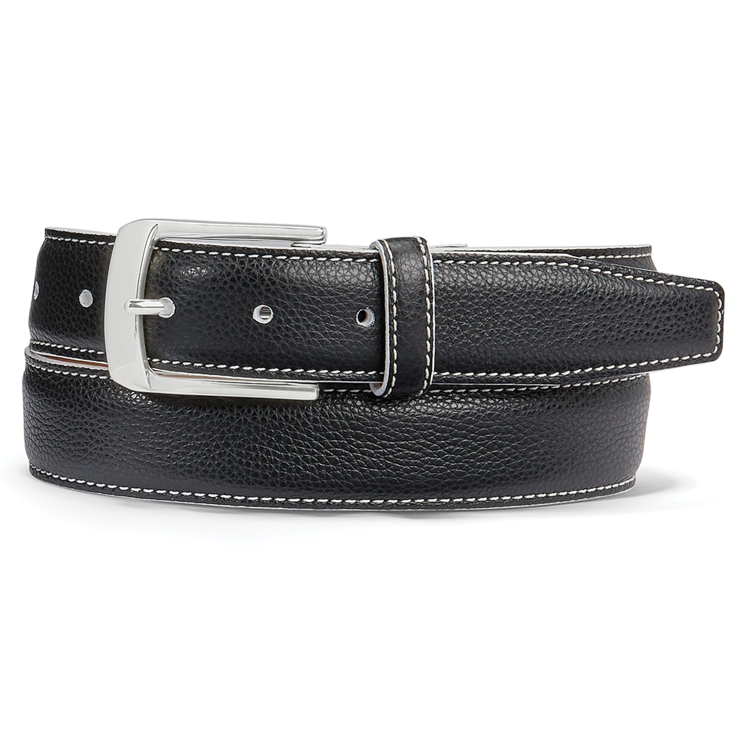 Brighton coiled black pebbled leather belt with silver-tone rectangular buckle and contrast white stitching on a white background