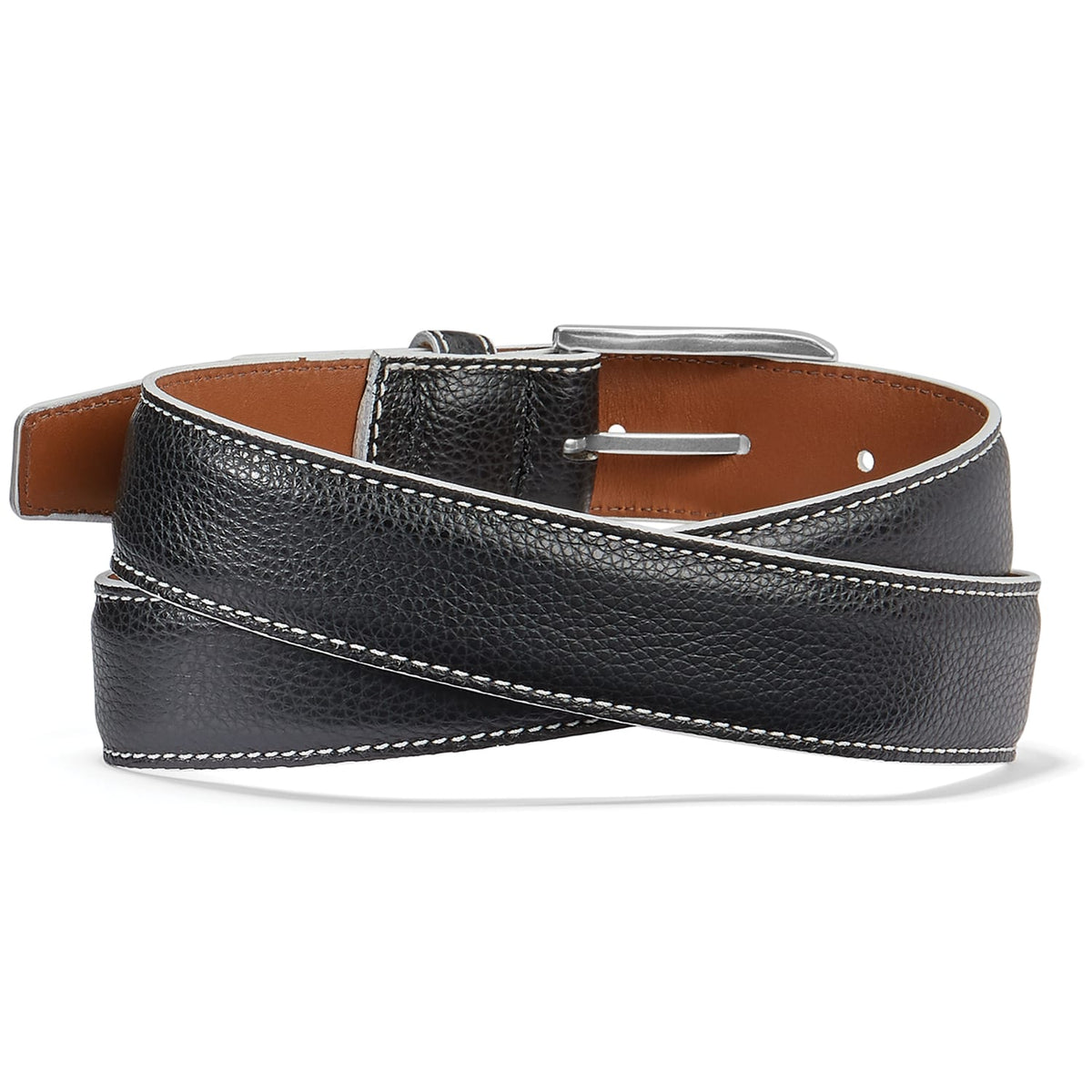 Brighton black pebbled leather belt with white contrast stitching and silver-tone buckle on a white background