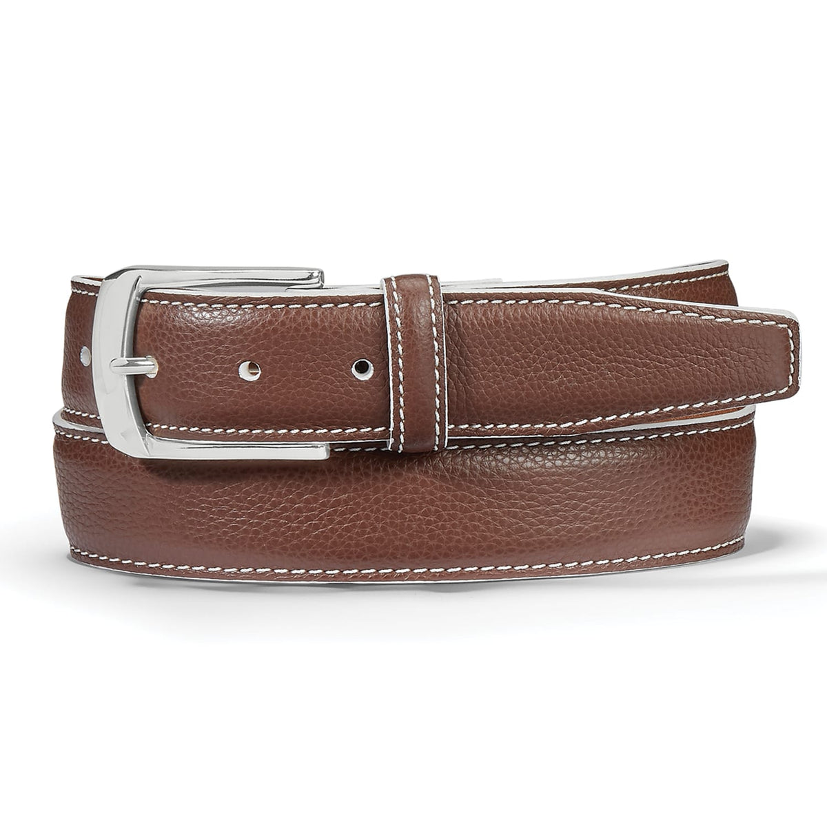 Brighton brown leather belt with contrast white stitching and polished silver-tone buckle on a white background